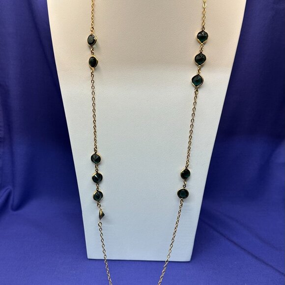 J. Crew Long Gold-Tone Necklace w/ Bezel-Set Blue/Green Crystals - Picture 3 of 14